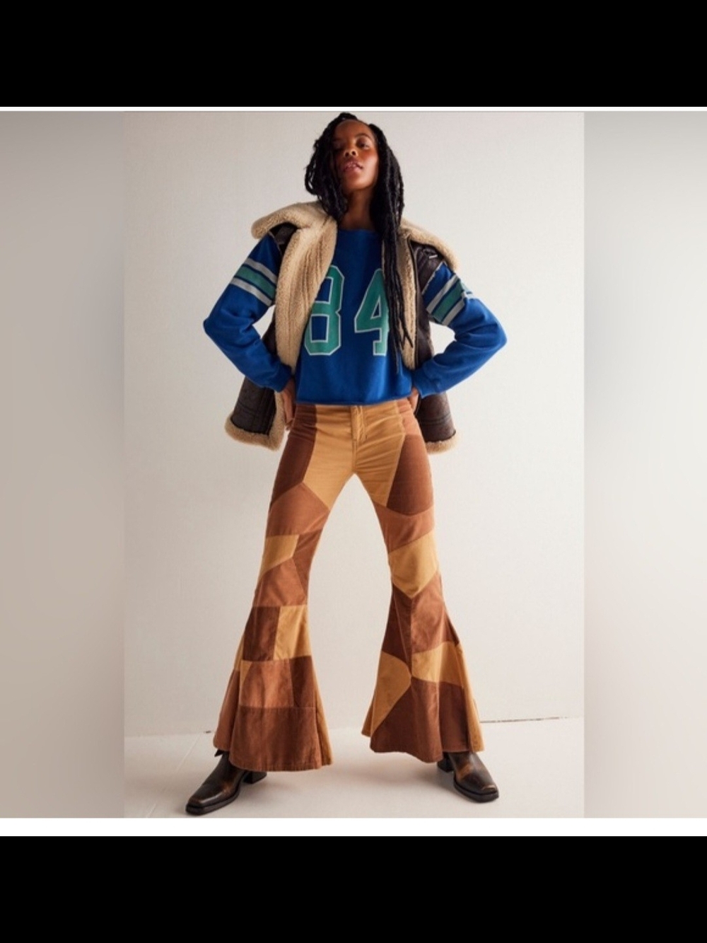 Free People "No Boundaries Patchwork Corduroy Flare Pants in Brown & Tan